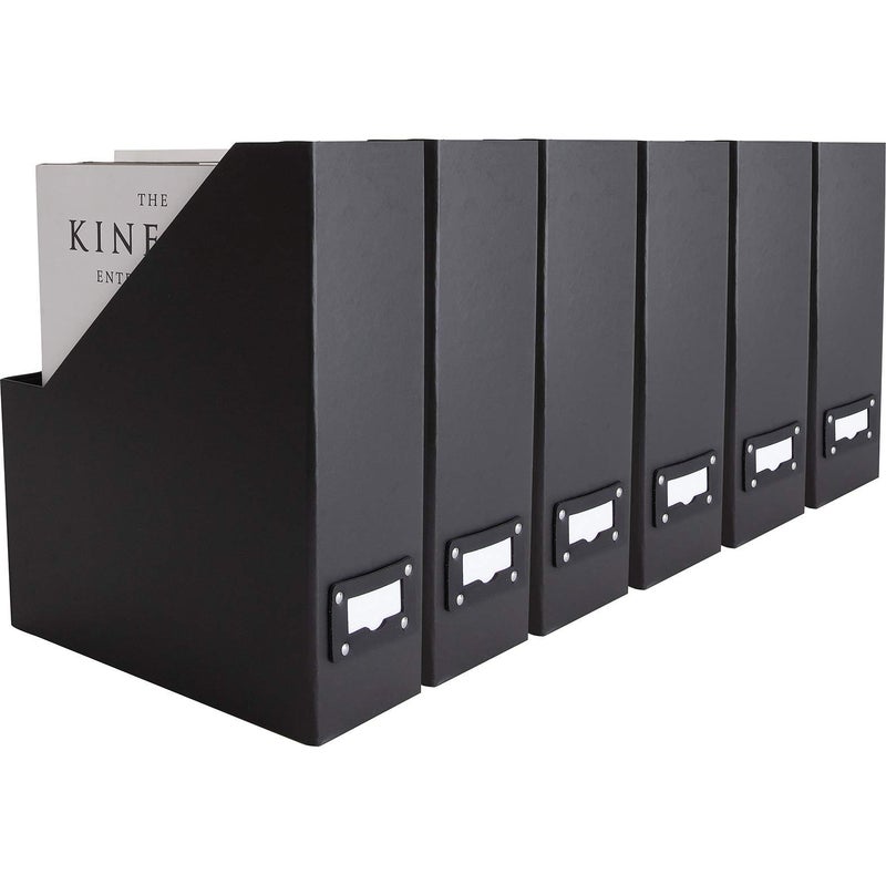 BLU MONACO Foldable Black Magazine File Holder â€“ Set of 6 | Cardboard Desk File Organizer Boxes with Leather Label Holders | Vertical Magazine Storage for Office, Classroom & Home - Image 1